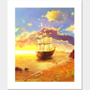 Brig, Sail ship near beach coastline Posters and Art